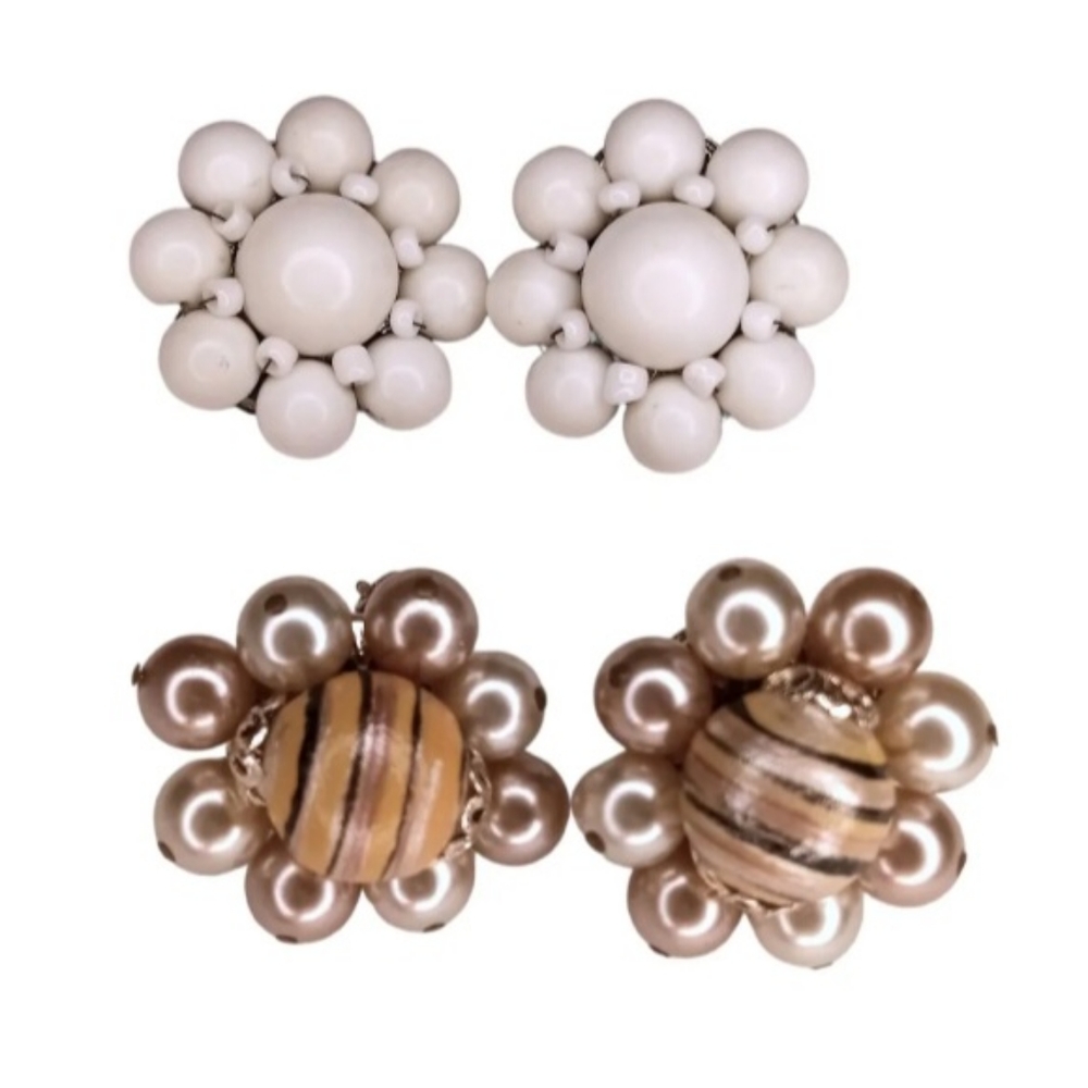 (2) PAIR Vintage Mid-Century Japan Signed Faux Pearl Cluster Clip-on Ear…